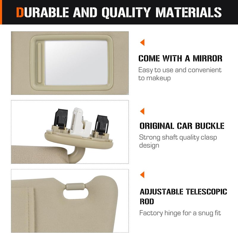 AEagle Sun Visor with Light for Toyota Camry 2007-2011 with Sunroof, Left Driver Side Beige Sunvisor Replace 74320-06800-B0 - Image 2